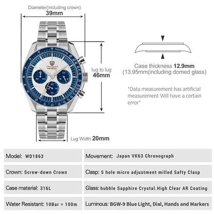 Watchdives WD1863 Watch VK63 Quartz Chronograph Movement Bubble Sapphire Crystal 100m Waterproof Luminous 39mm Vintage Watches