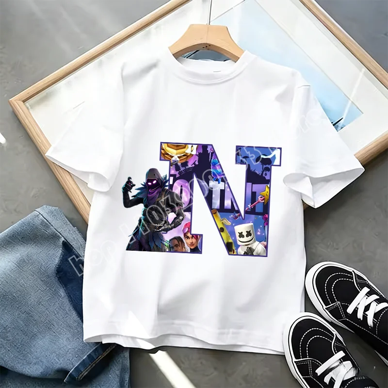 T-shirt Infantil Branco Fortnite com Estampado Alfabeto A-Z — Roupa de Verão, Jogo de Desenhos Animados Popular, Manga Curta Casual, Presente de Moda