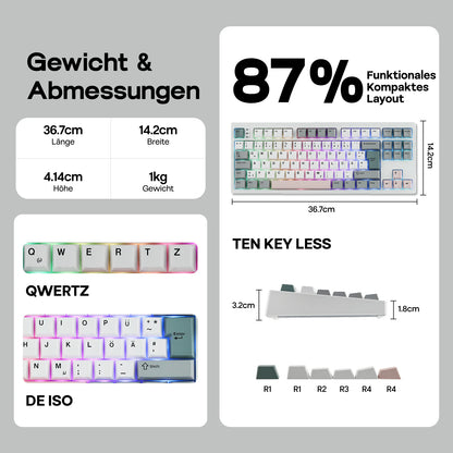 EPOMAKER TH87 ISO-DE Tenkeyless TKL Layout Gasket Wired/Bluetooth/2.4 GHz Wireless Mechanical Keyboard with RGB Backlight