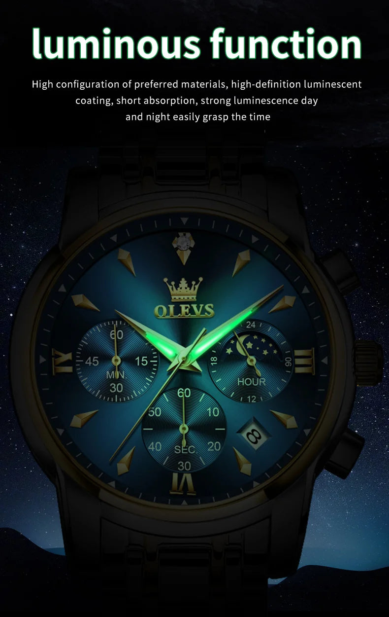 OLEVS 3639 Top Brand Original Luxury New Quartz Watch Stainless Steel Watch For Men Waterproof Luminous Moon Phase Mens Watch