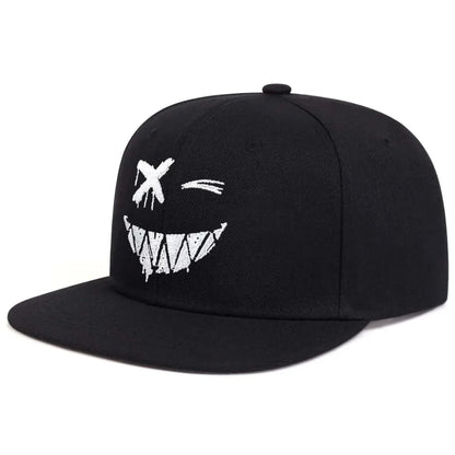 Gorra de béisbol de ala ancha, 100 % algodón, protección UV, ajustable, con un bordado de una sonrisa y diseño que estiliza el rostro