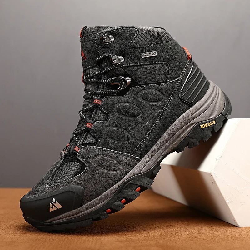 HIKEUP Botas de senderismo altas para hombre, calzado de invierno para exteriores con cordones, antideslizantes, deportivas y casuales, botas de trekking de ante cálidas para hombre