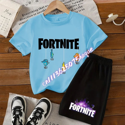 Sommer-Fortnite-T-Shirt und Shorts für Jungen und Mädchen, 2-teiliges Kinder-Set mit Oberteil und Hose, Fortress-Night-Print, Geschenk