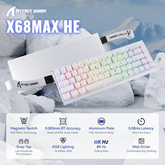 Teclado ATTACK SHARK X68MAX HE Rapid Trigger em alumínio com interruptores magnéticos, 60%, com fios, 8KHz, precisão RT de 0.005mm