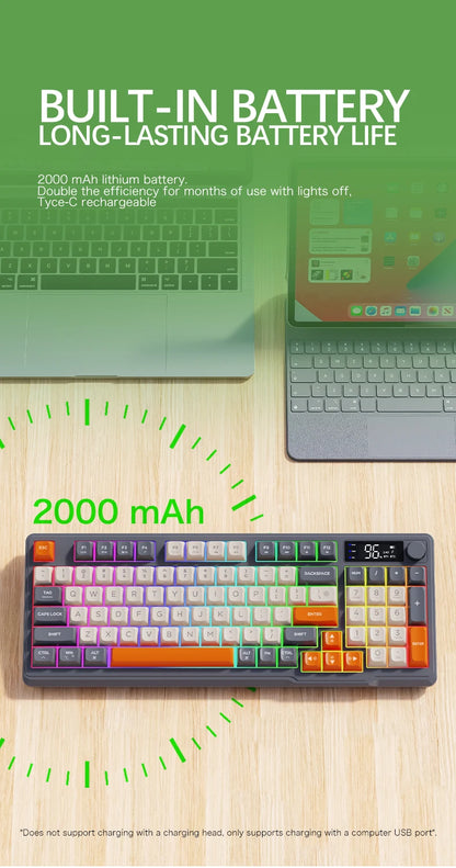 Tastiera wireless Bluetooth M96 FREEWOLF con display digitale, retroilluminazione RGB, batteria da 2000mAh e keycap PBT per PC/laptop
