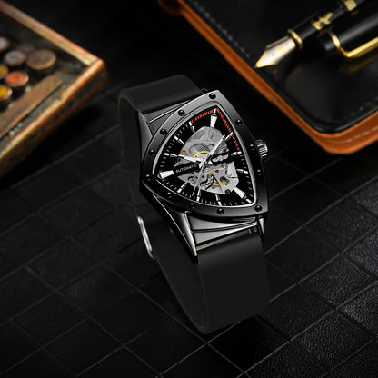 Relógio automático para homem WINNER, design esqueleto triangular, ponteiros luminescentes, bracelete em borracha, estilo militar, relógio mecânico de luxo