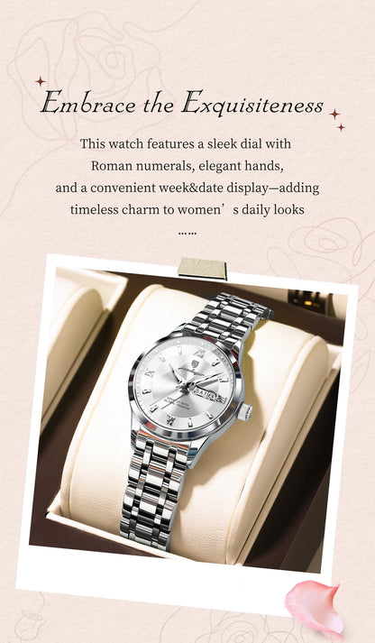 POEDAGAR Luxury Elegant Woman's Watches Luminous Waterproof Stainless Steel Ladies Wristwatch Quartz Week Date Women Watch Reloj