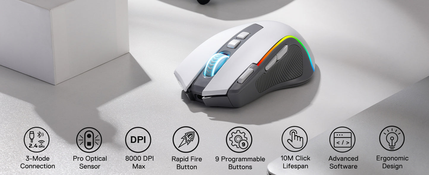 Redragon M612 PRO RGB BT 2.4G gaming miška, brezžična optična miška 8000 DPI z 9 programabilnimi gumbi in 7 načini osvetlitve, B