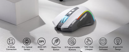 Redragon M612 PRO RGB BT 2.4G gaming miška, brezžična optična miška 8000 DPI z 9 programabilnimi gumbi in 7 načini osvetlitve, B