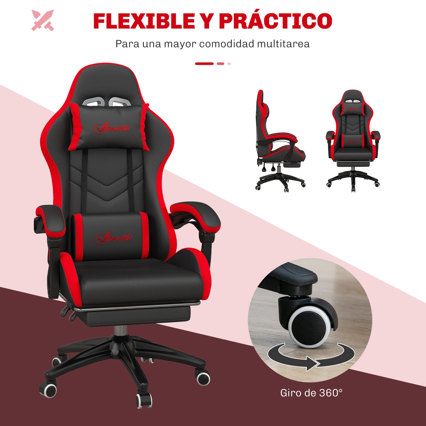 Vinsetto Ergonomic Reclining Gaming Chair 135 ° , Pu Leather Racing Gamer Chair with Lumbar Support, Adjustable Height, Headrest and Retractable Footrest, for Office, Study, Black and Red